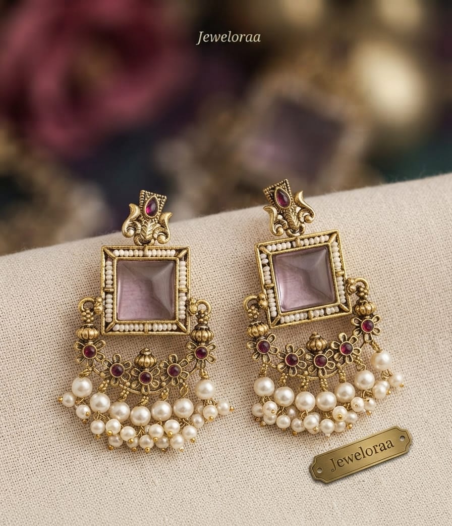 Premium Oxidise Earring with Pearl (Purple, Baby Pink, Green) Dangler