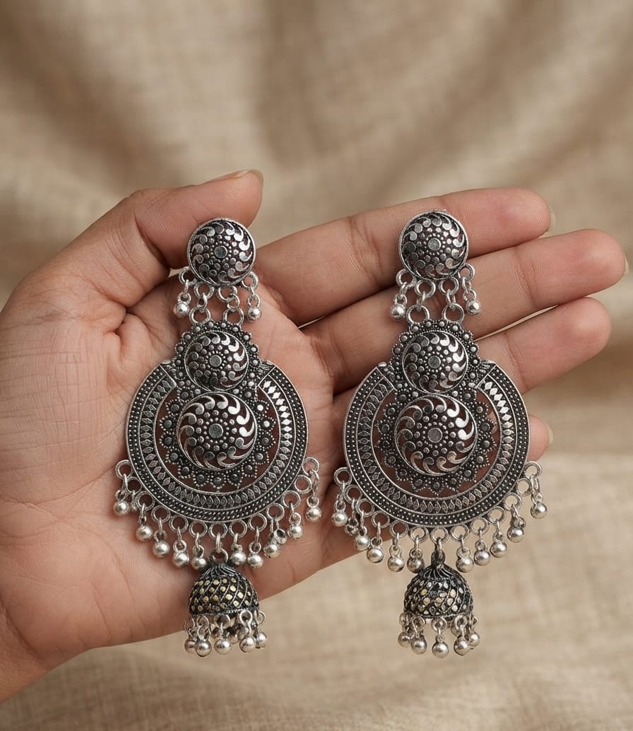 Oxidise Silver Long earring with Jhumka