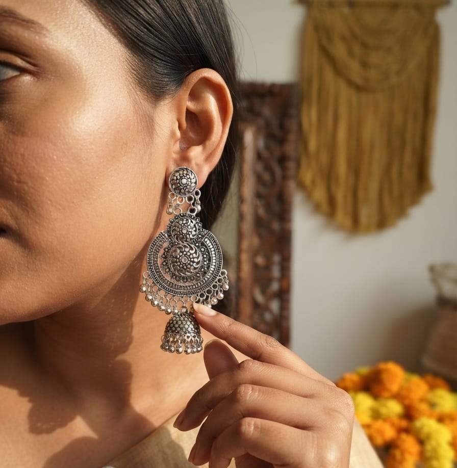 Oxidise Silver Long earring with Jhumka