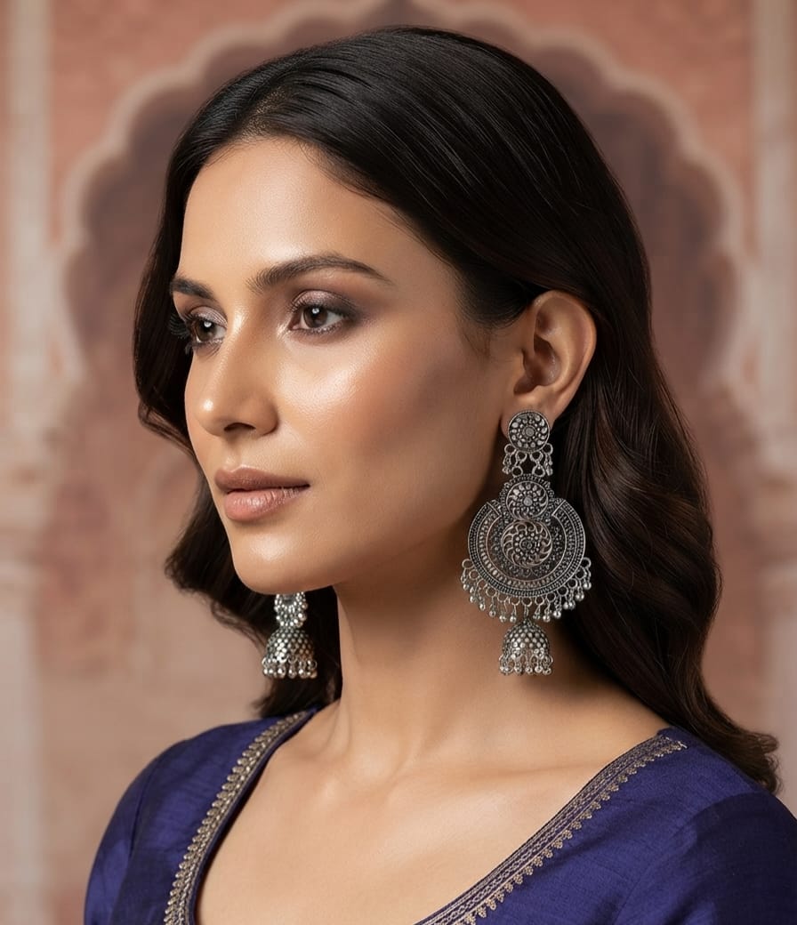 Oxidise Silver Long earring with Jhumka