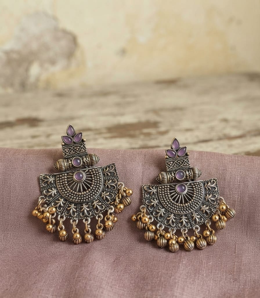 Copper Oxidised Kundan Earrings