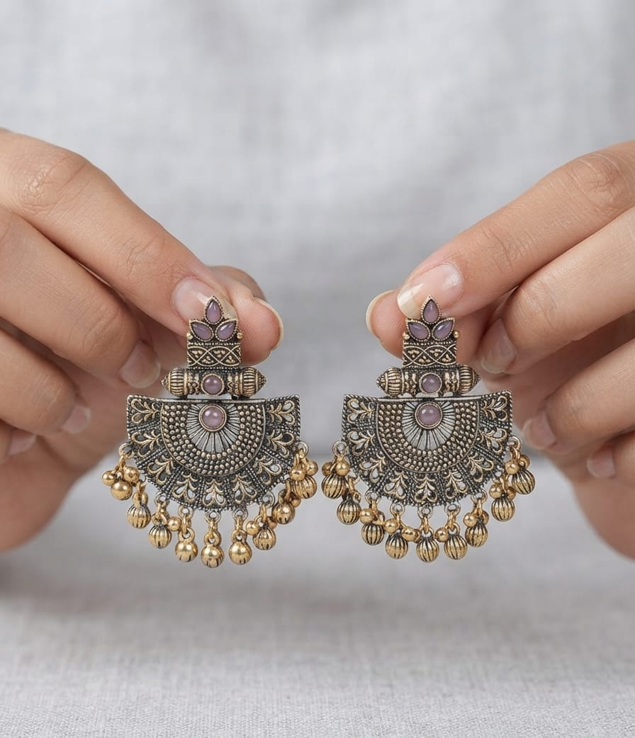 Copper Oxidised Kundan Earrings