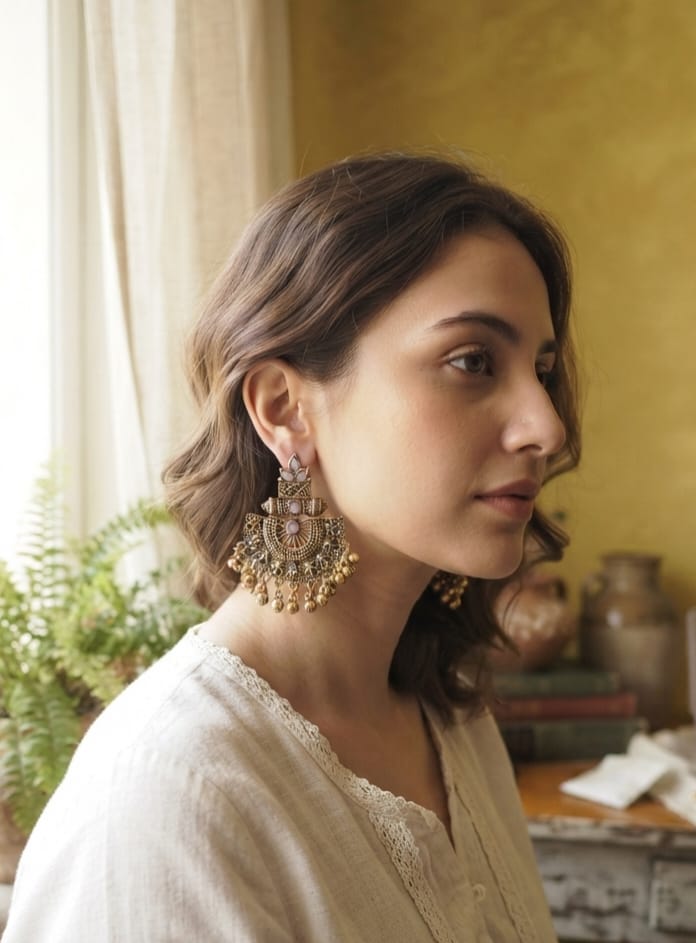 Copper Oxidised Kundan Earrings