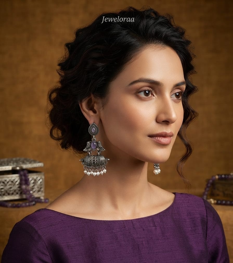 Oxidise Earring with Pearl (Purple, Baby Pink, Green) Dangler