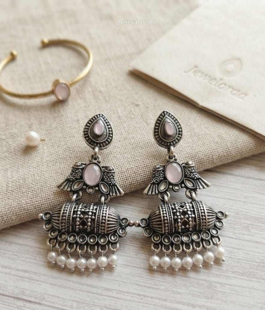 Oxidise Earring with Pearl (Purple, Baby Pink, Green) Dangler