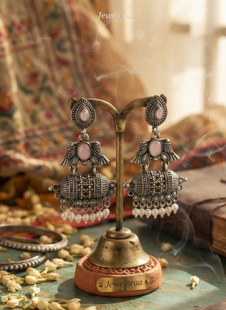 Oxidise Earring with Pearl (Purple, Baby Pink, Green) Dangler