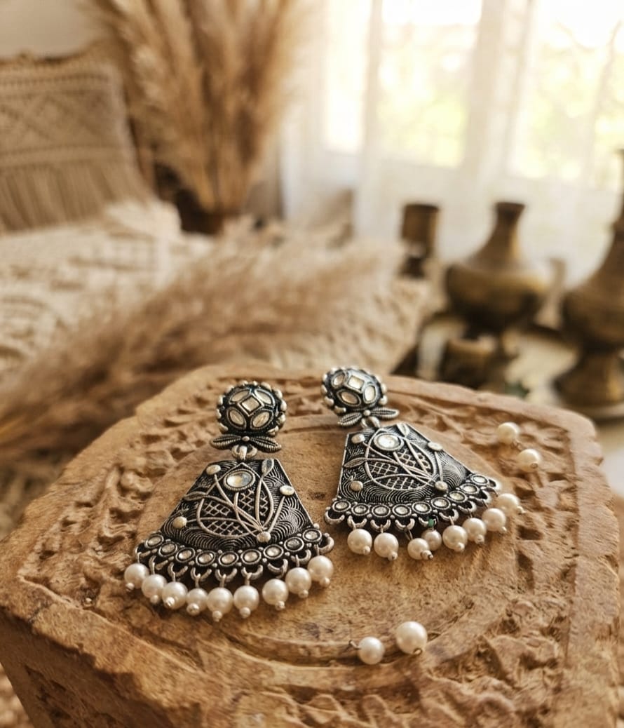 Oxidise Kundan Earring with Pearl Dangler
