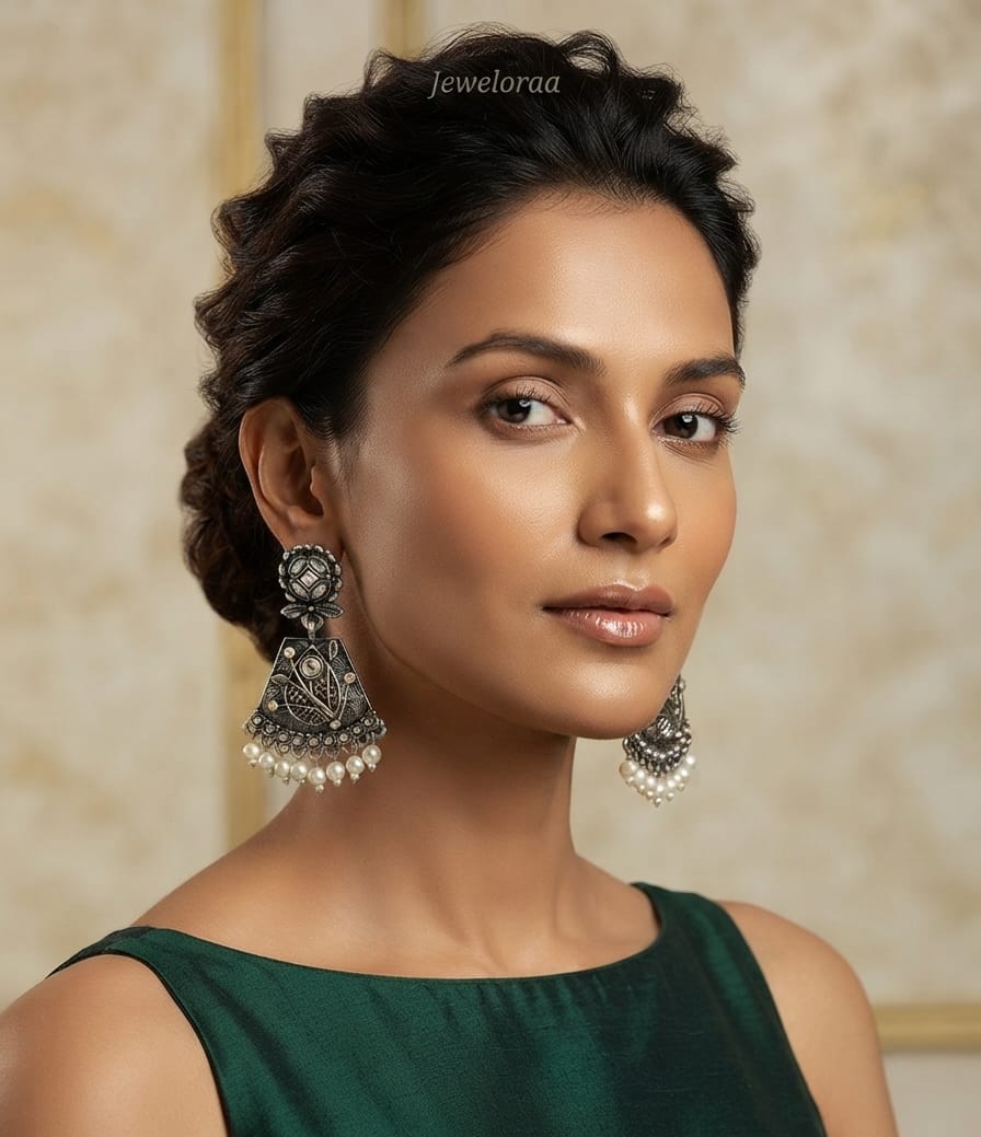 Oxidise Kundan Earring with Pearl Dangler