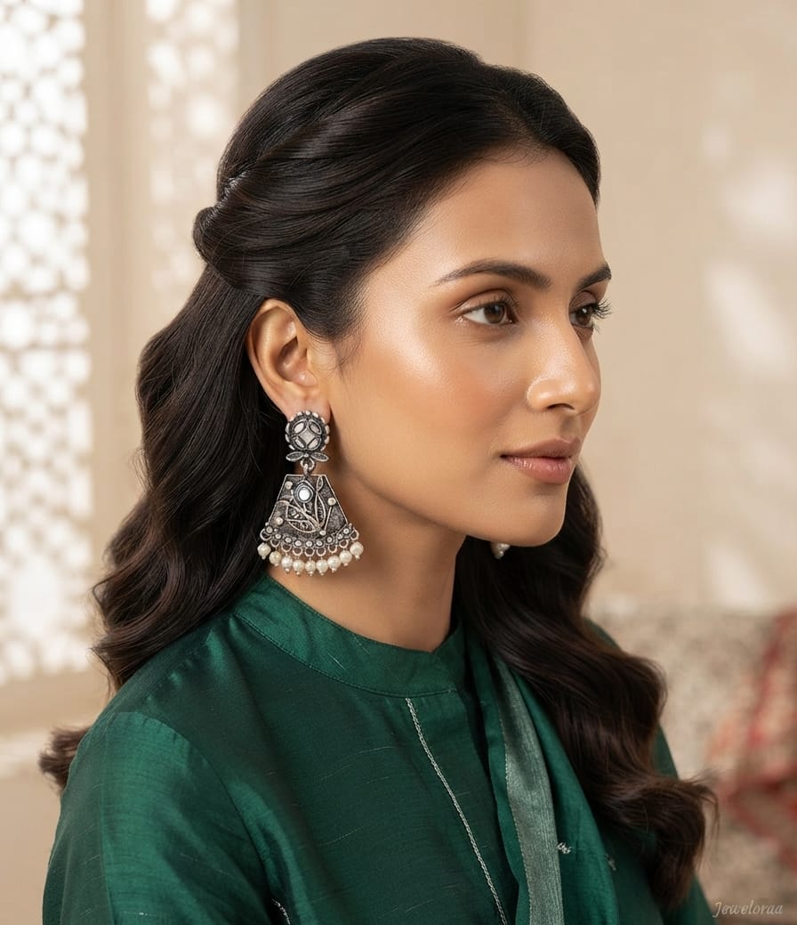 Oxidise Kundan Earring with Pearl Dangler