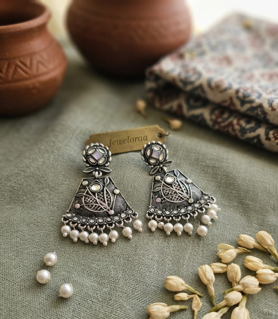 Oxidise Kundan Earring with Pearl Dangler