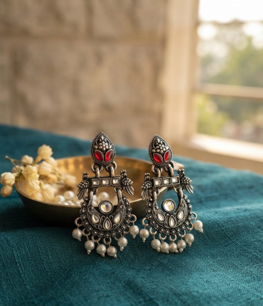Oxidise Earring with Pearl Red Dangler