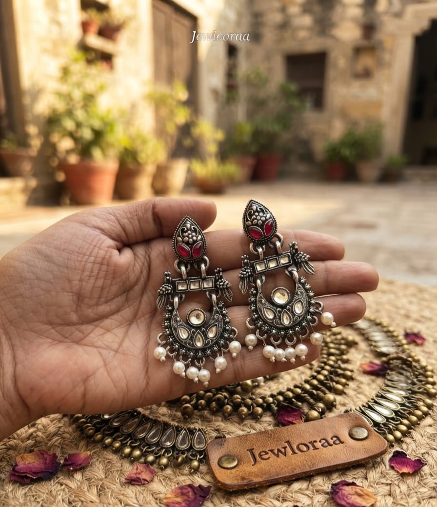 Oxidise Earring with Pearl Red Dangler