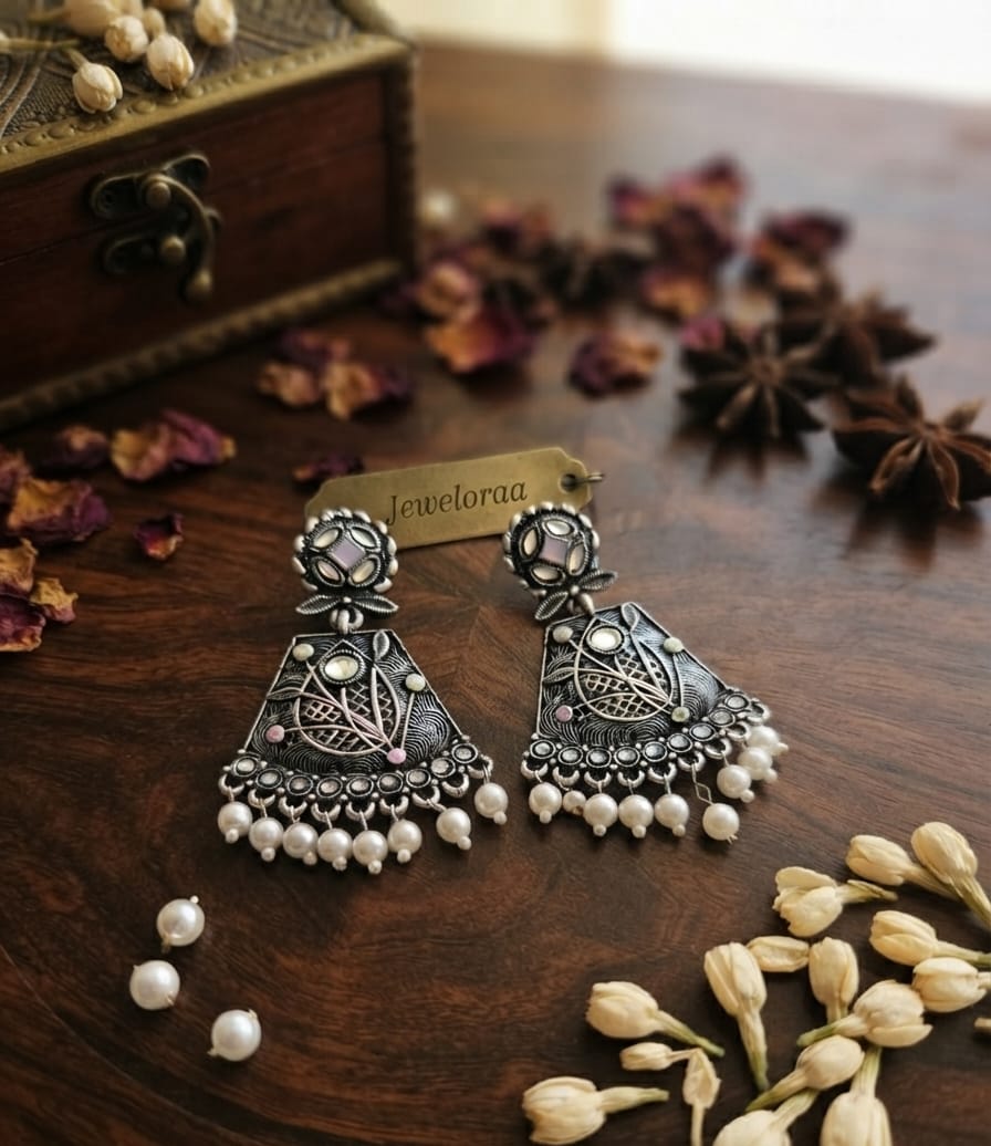 Oxidise Kundan Earring with Pearl Dangler