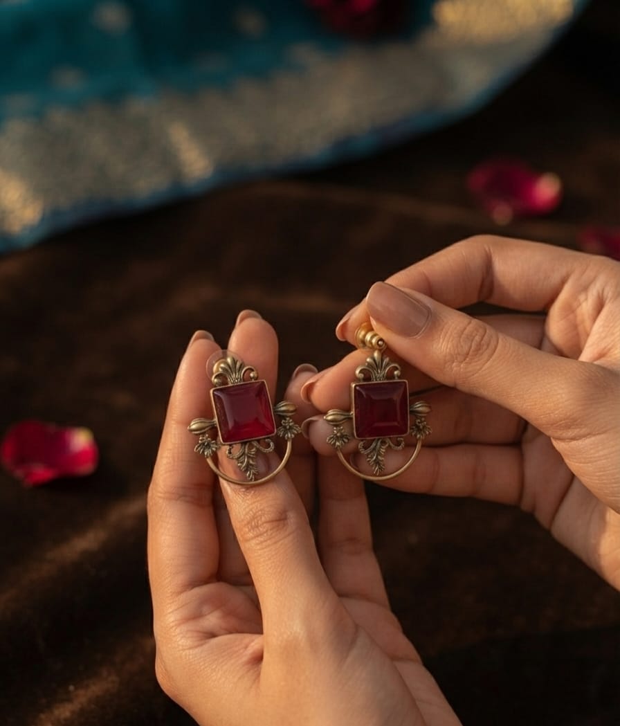 Oxidise Brass Dangler Red (Square Shape)