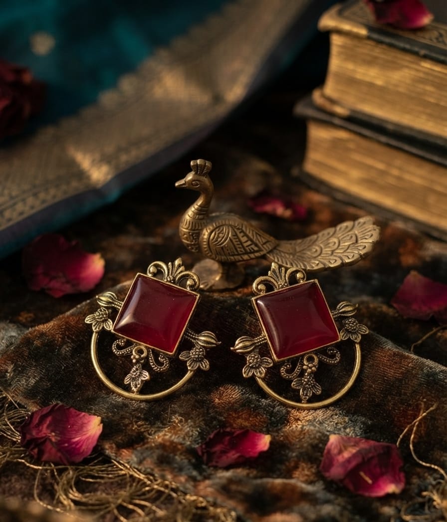 Oxidise Brass Dangler Red (Square Shape)