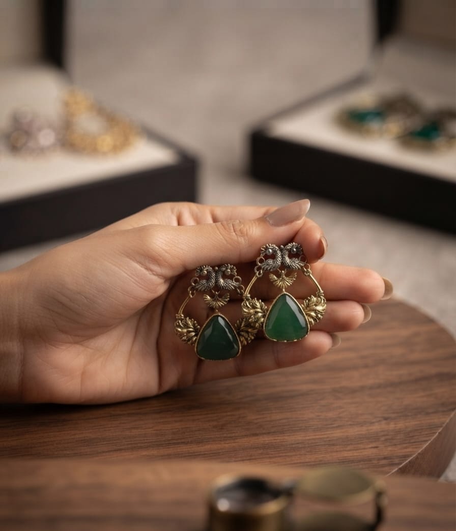 Oxidise Brass Dangler Bottle Green (Triangle Shape)