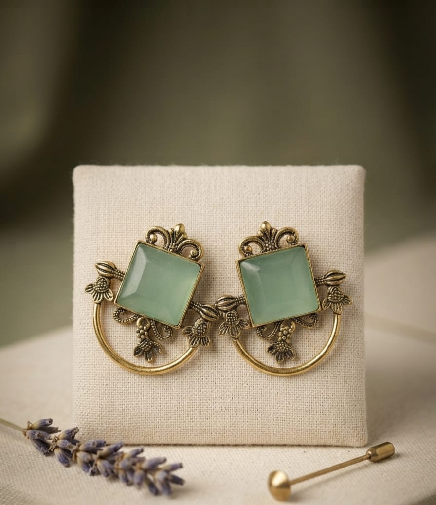 Oxidise Brass Dangler Sky Blue Color (Square Shape)