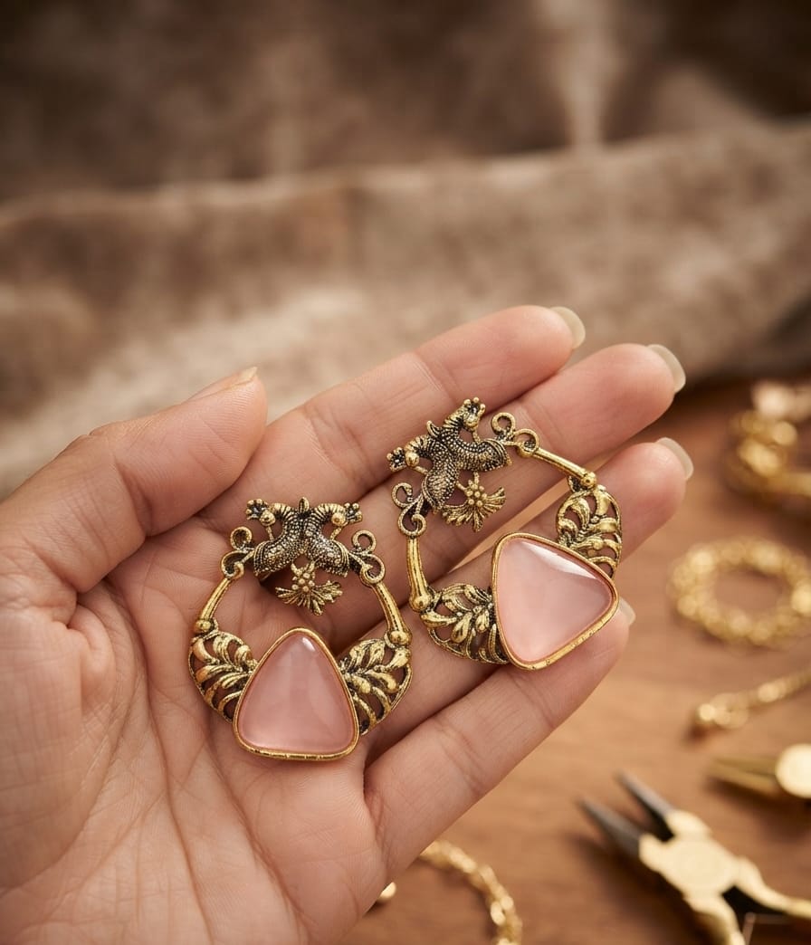 Oxidise Brass Dangler Baby Pink color (Triangle Shape)