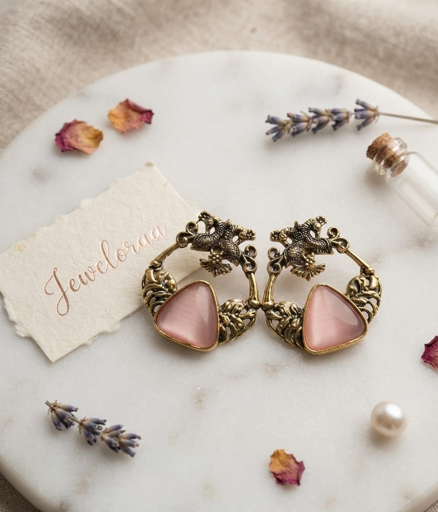 Oxidise Brass Dangler Baby Pink color (Triangle Shape)