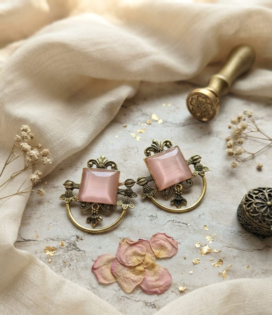 Oxidise Brass Dangler Baby Pink (Square Shape)