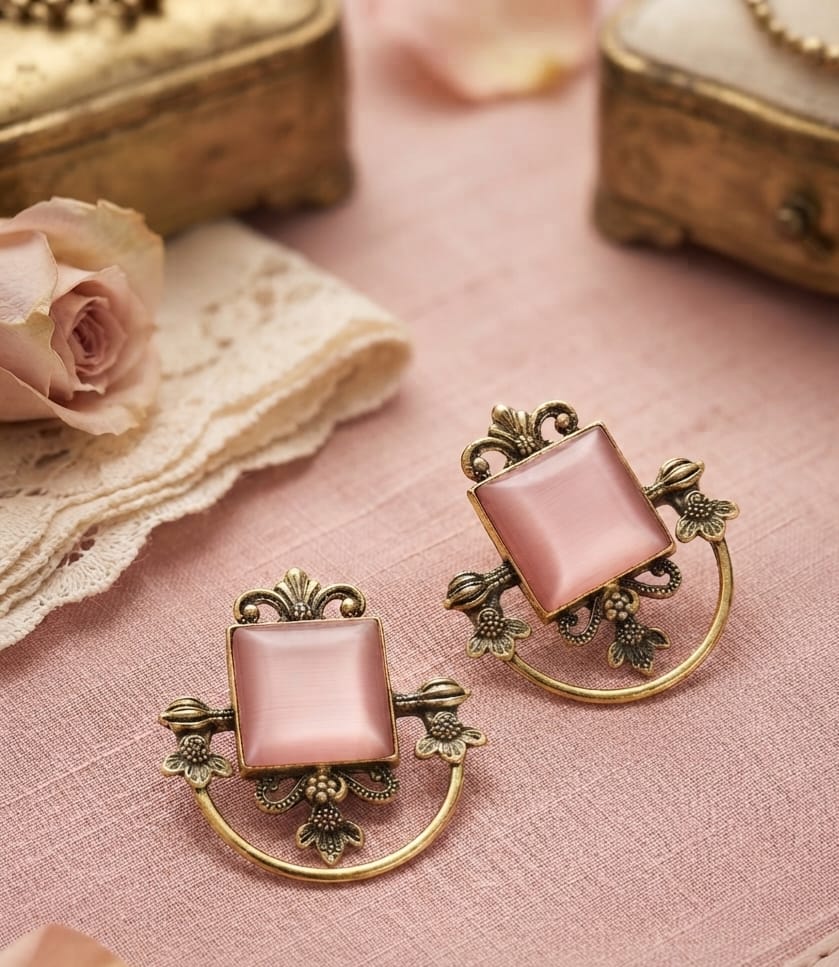 Oxidise Brass Dangler Baby Pink (Square Shape)
