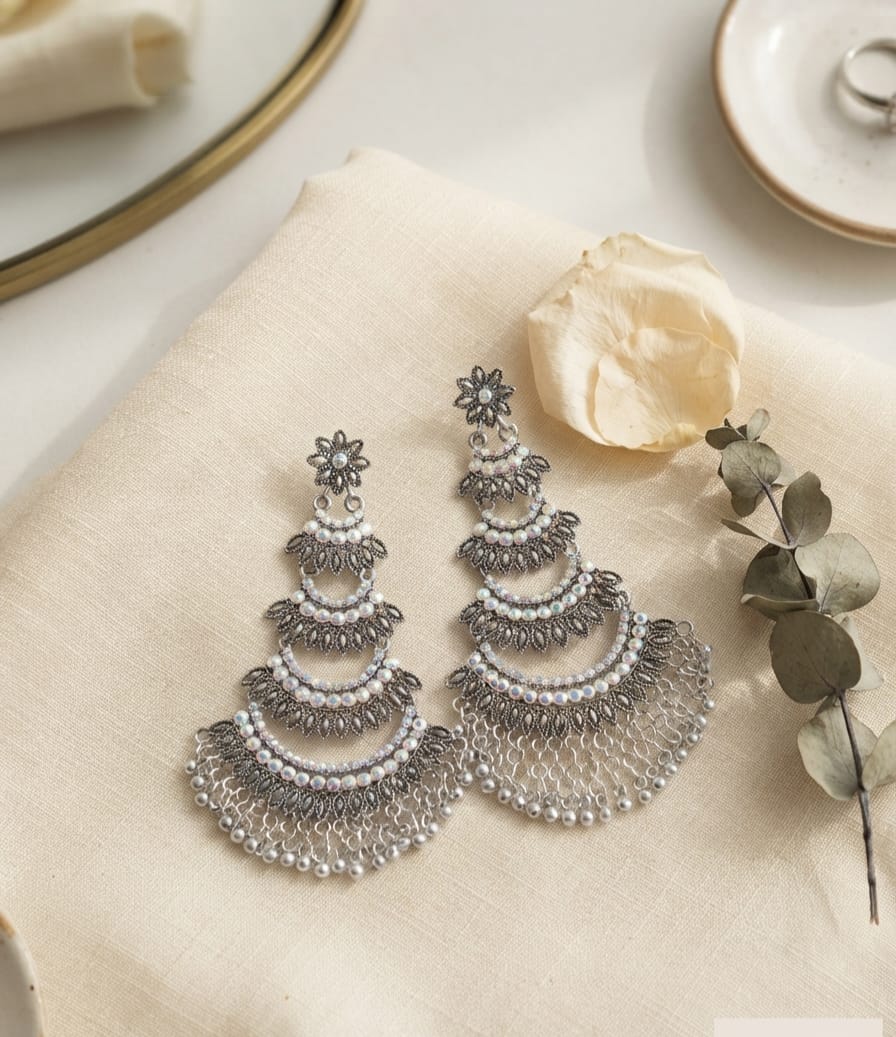 Oxidised Silver Diamond Jhoomar Chandbali