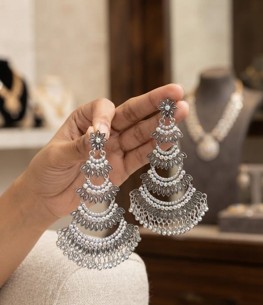 Oxidised Silver Diamond Jhoomar Chandbali