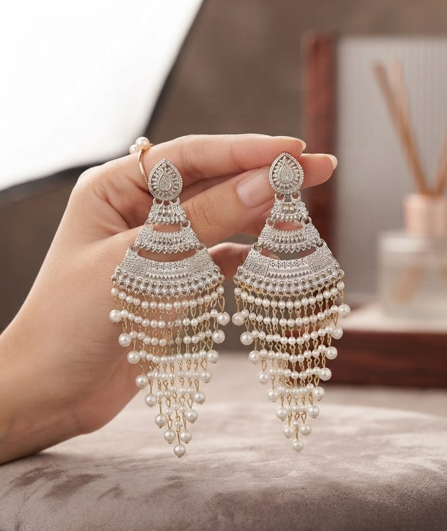 Oxidise white & Black Pearl Earring Dangler