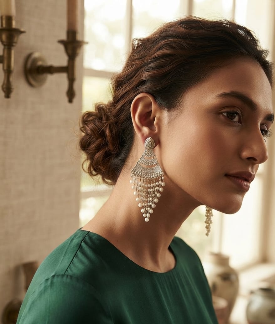 Oxidise white & Black Pearl Earring Dangler