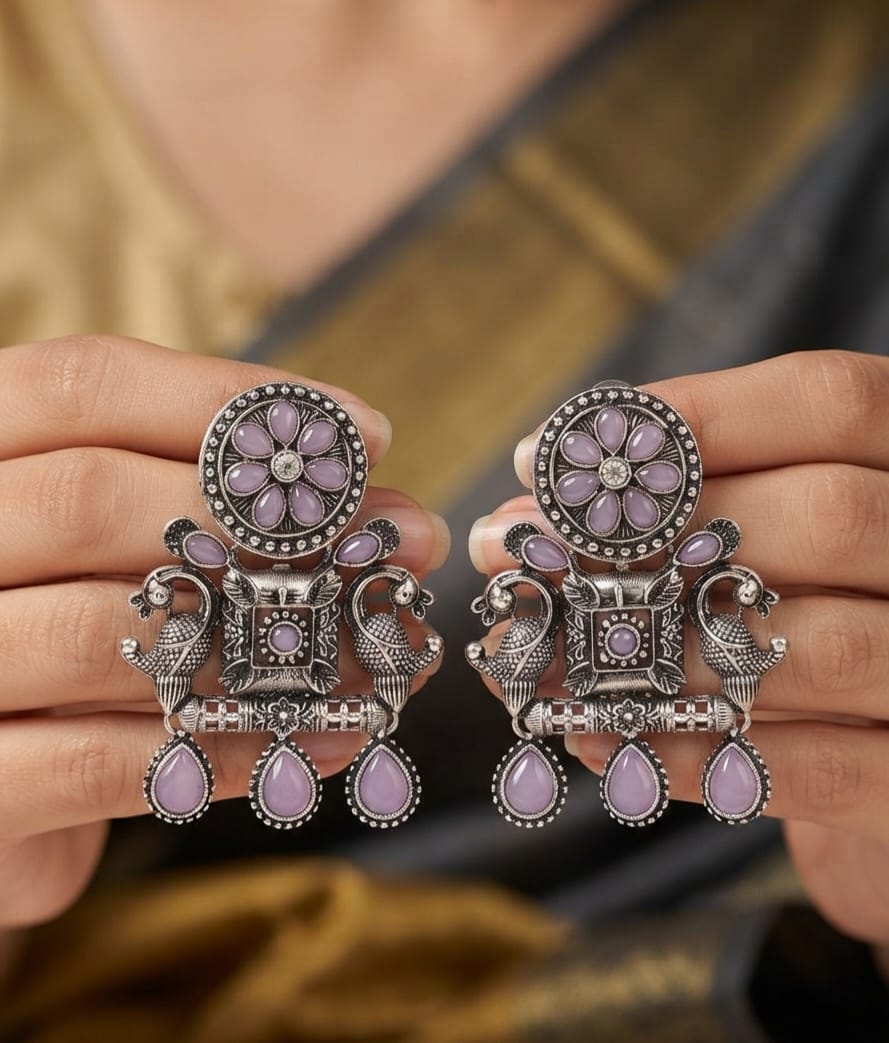 Oxidise Multi-color Silver earring (Drop Kundan)