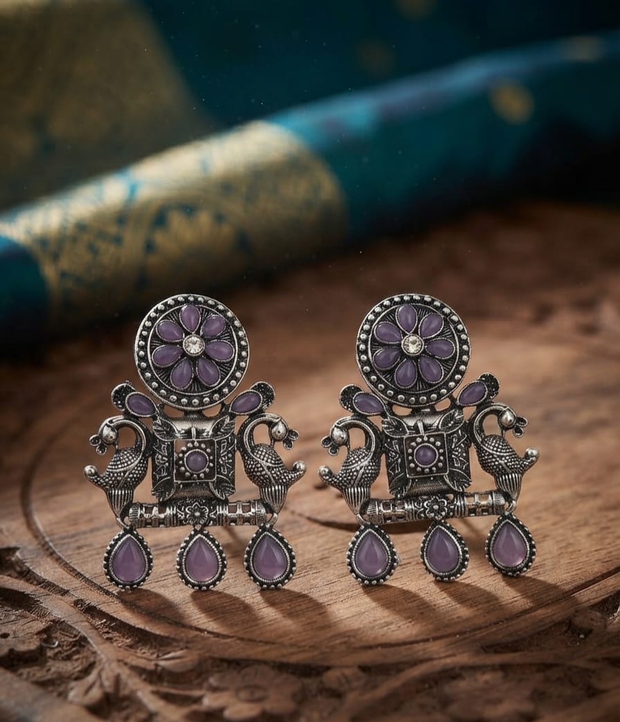 Oxidise Multi-color Silver earring (Drop Kundan)