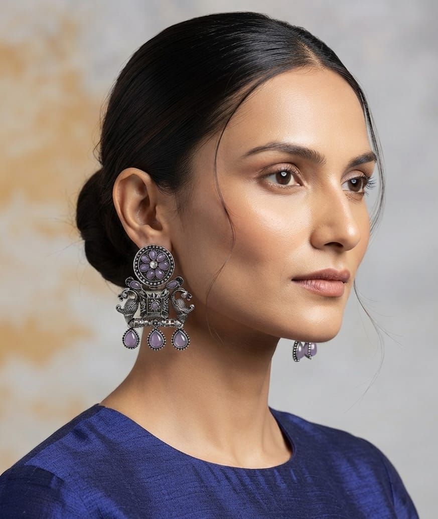 Oxidise Multi-color Silver earring (Drop Kundan)