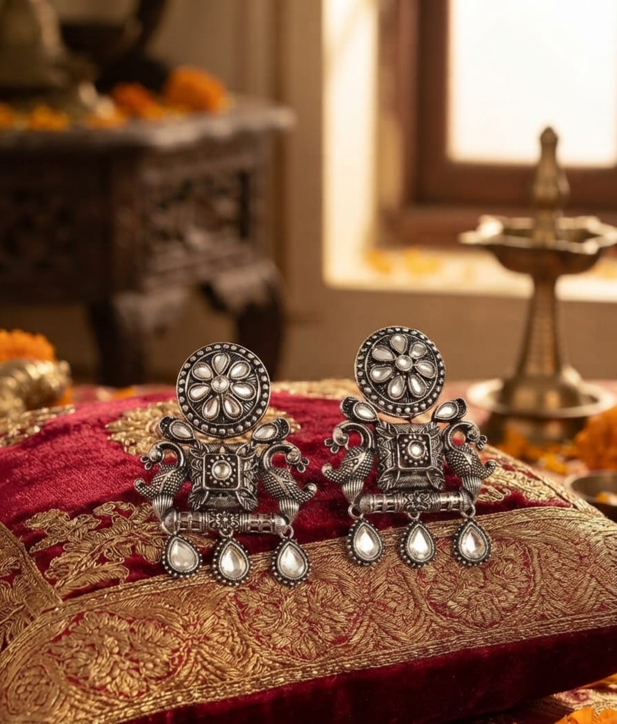 Oxidise Multi-color Silver earring (Drop Kundan)