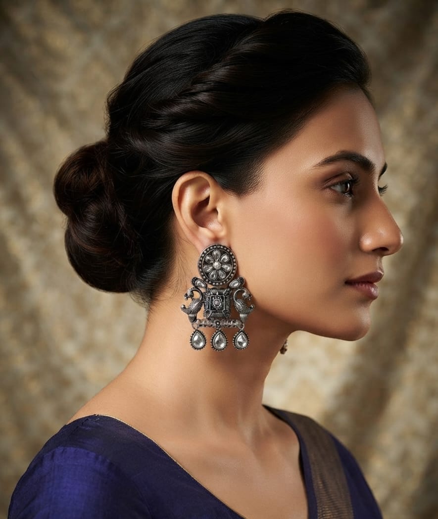 Oxidise Multi-color Silver earring (Drop Kundan)