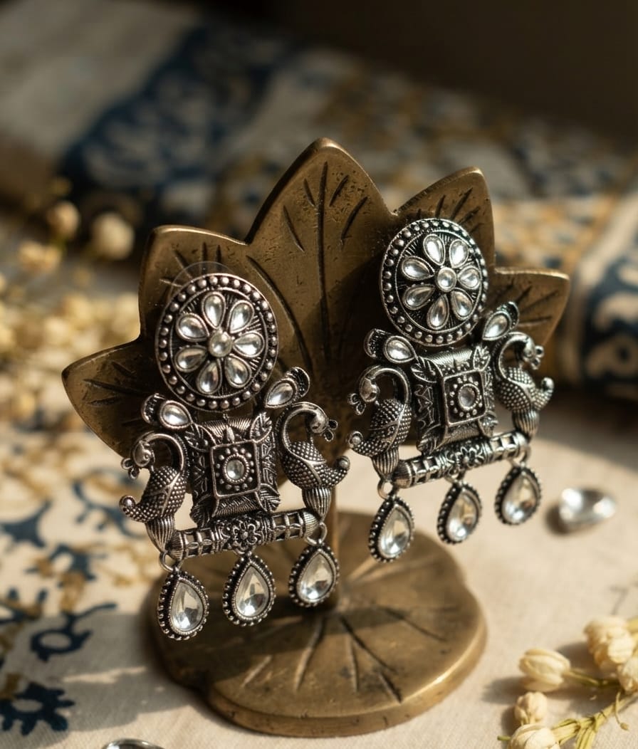 Oxidise Multi-color Silver earring (Drop Kundan)