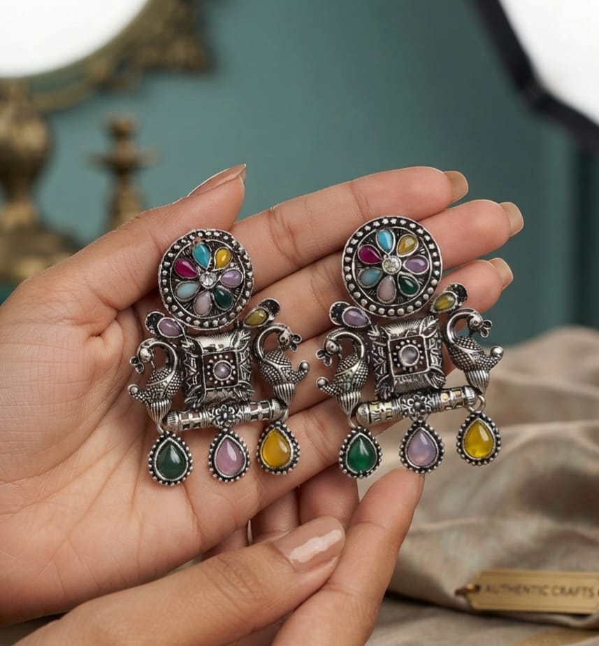 Oxidise Multi-color Silver earring (Drop Kundan)
