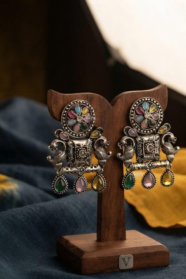 Oxidise Multi-color Silver earring (Drop Kundan)