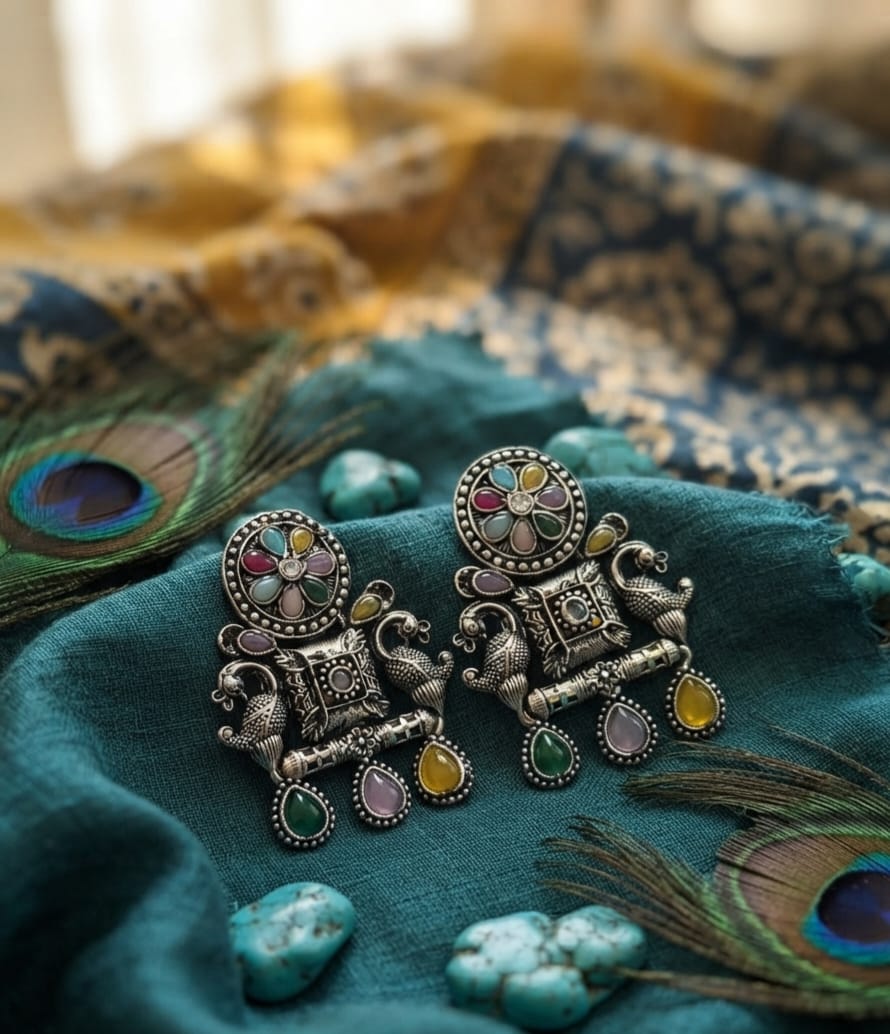 Oxidise Multi-color Silver earring (Drop Kundan)