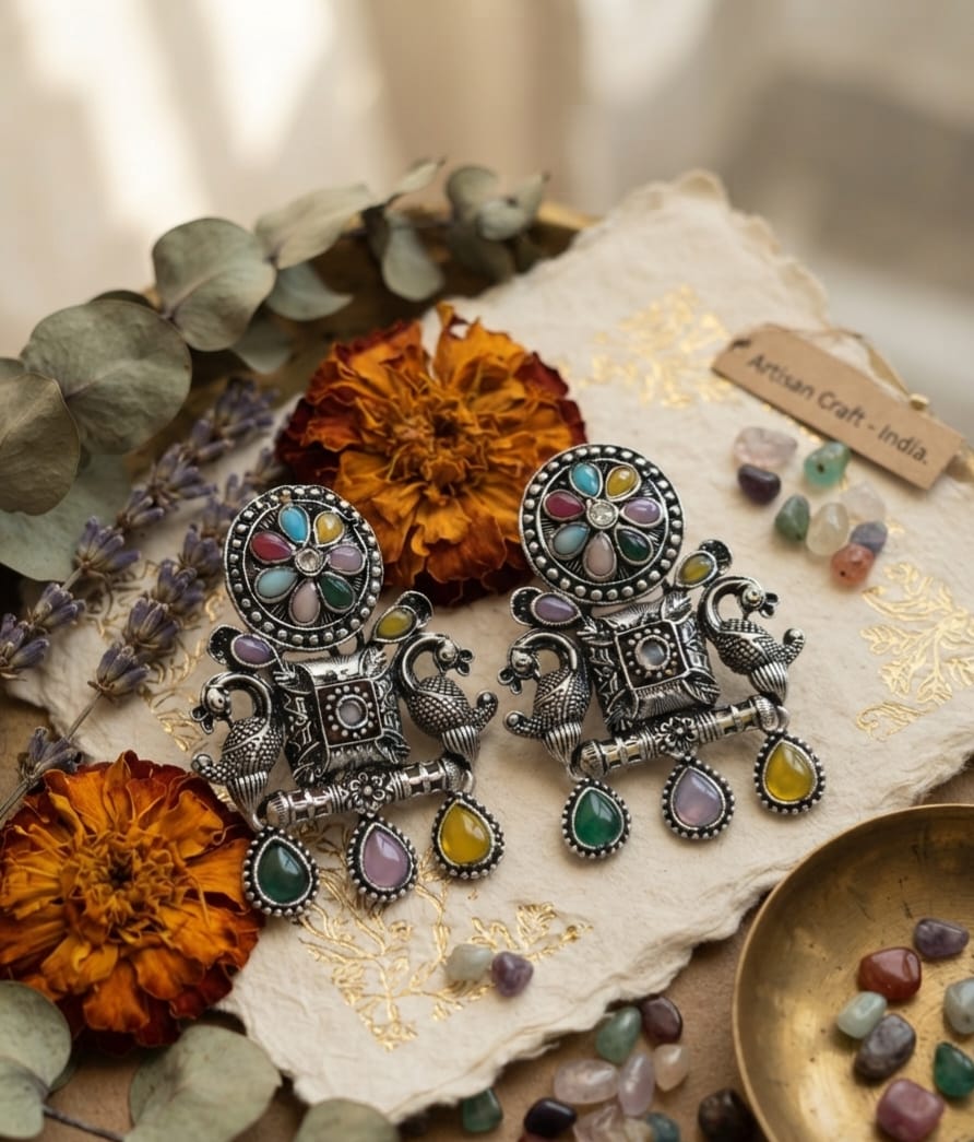 Oxidise Multi-color Silver earring (Drop Kundan)