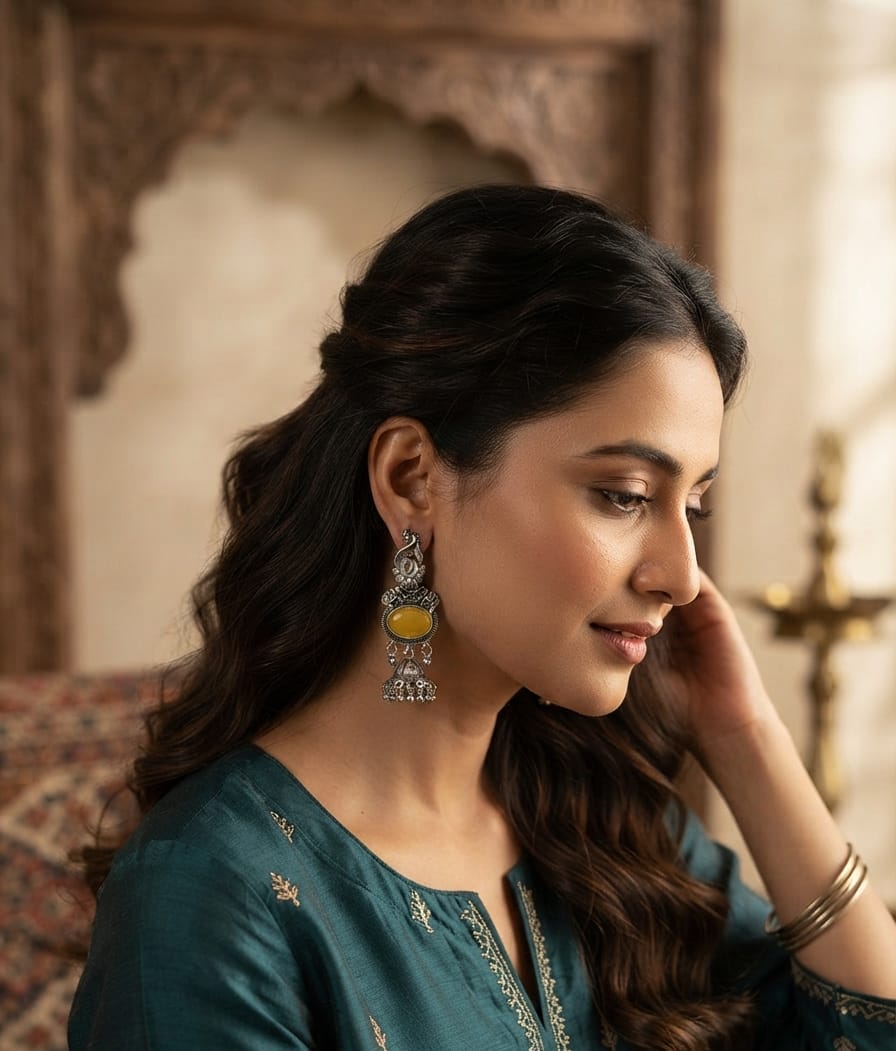 Oxidise Silver Yellow, Bottle Green,Blue, Cateye,Purple Jhumka