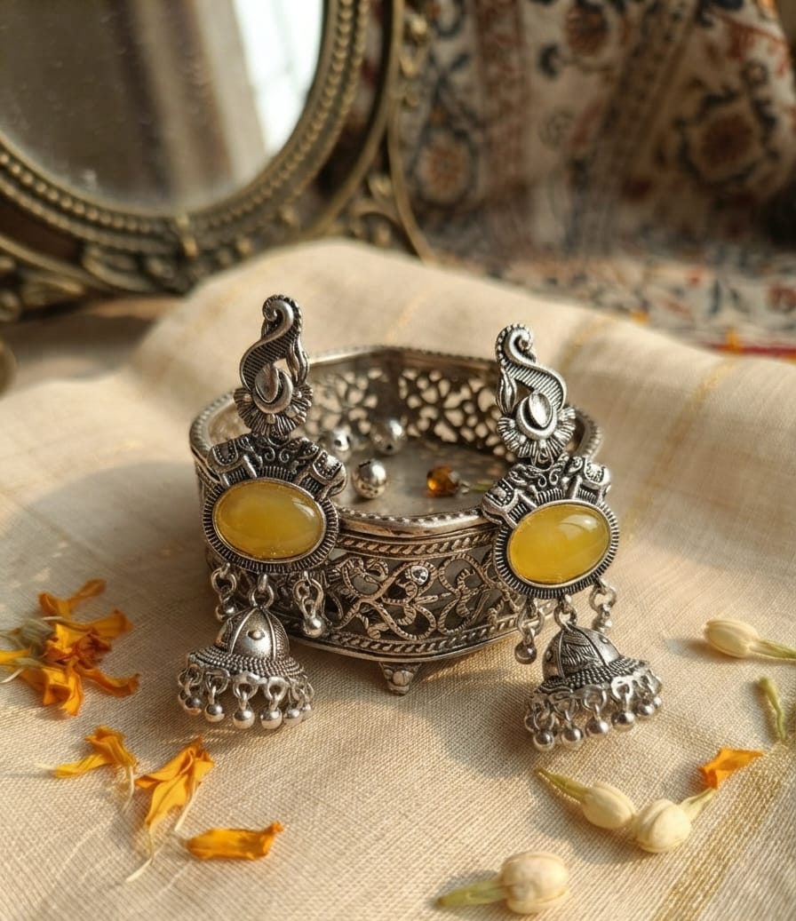 Oxidise Silver Yellow, Bottle Green,Blue, Cateye,Purple Jhumka