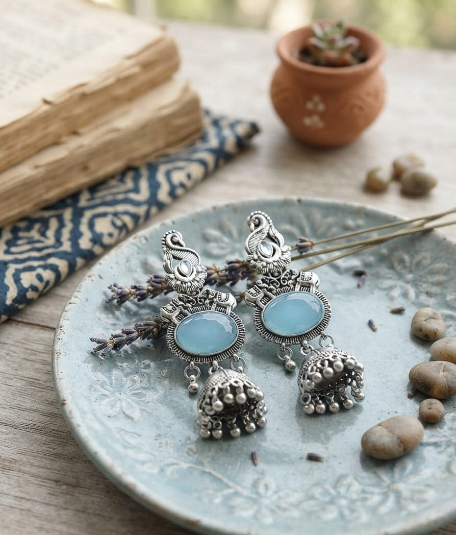 Oxidise Silver Yellow, Bottle Green,Blue, Cateye,Purple Jhumka