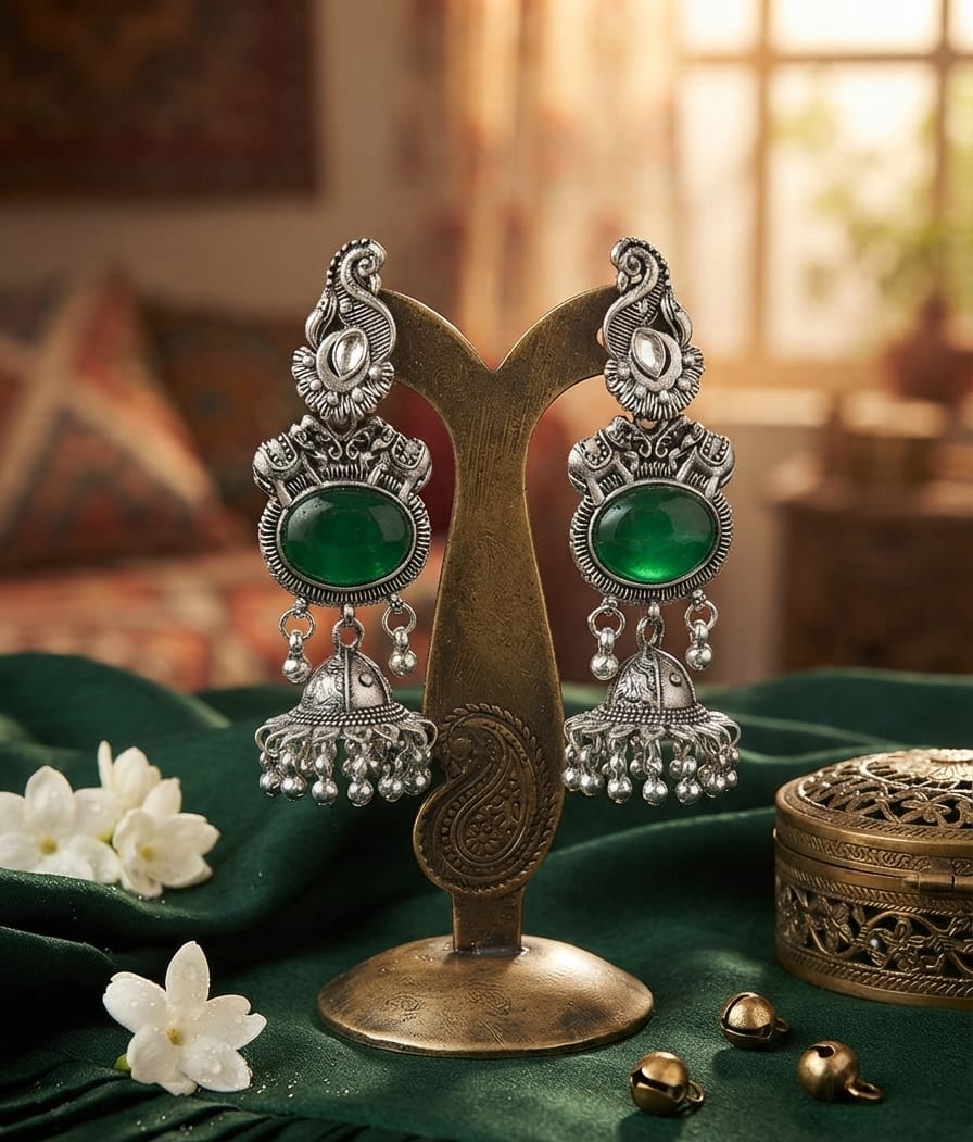 Oxidise Silver Yellow, Bottle Green,Blue, Cateye,Purple Jhumka