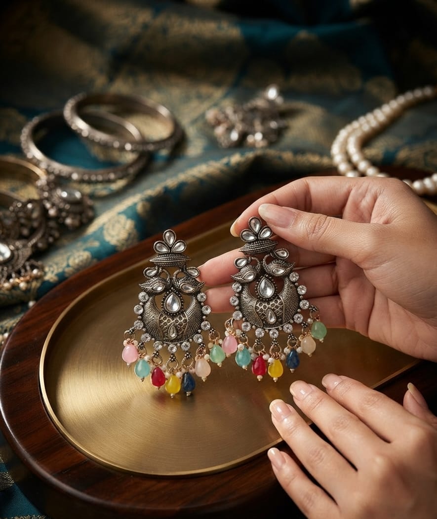 Copper Oxidise Peacock Multicolor Chandbali