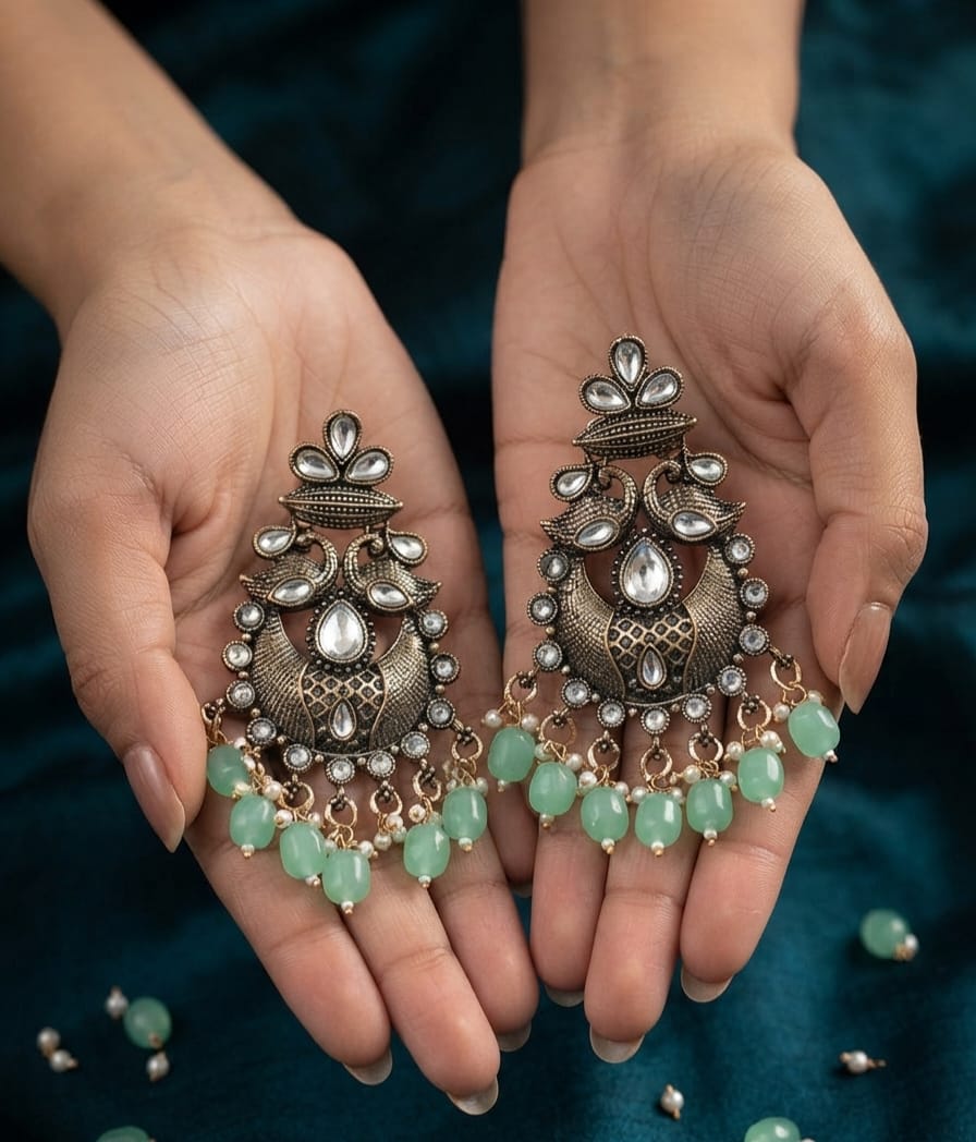 Copper Oxidise Peacock (Light Green) Chandbali