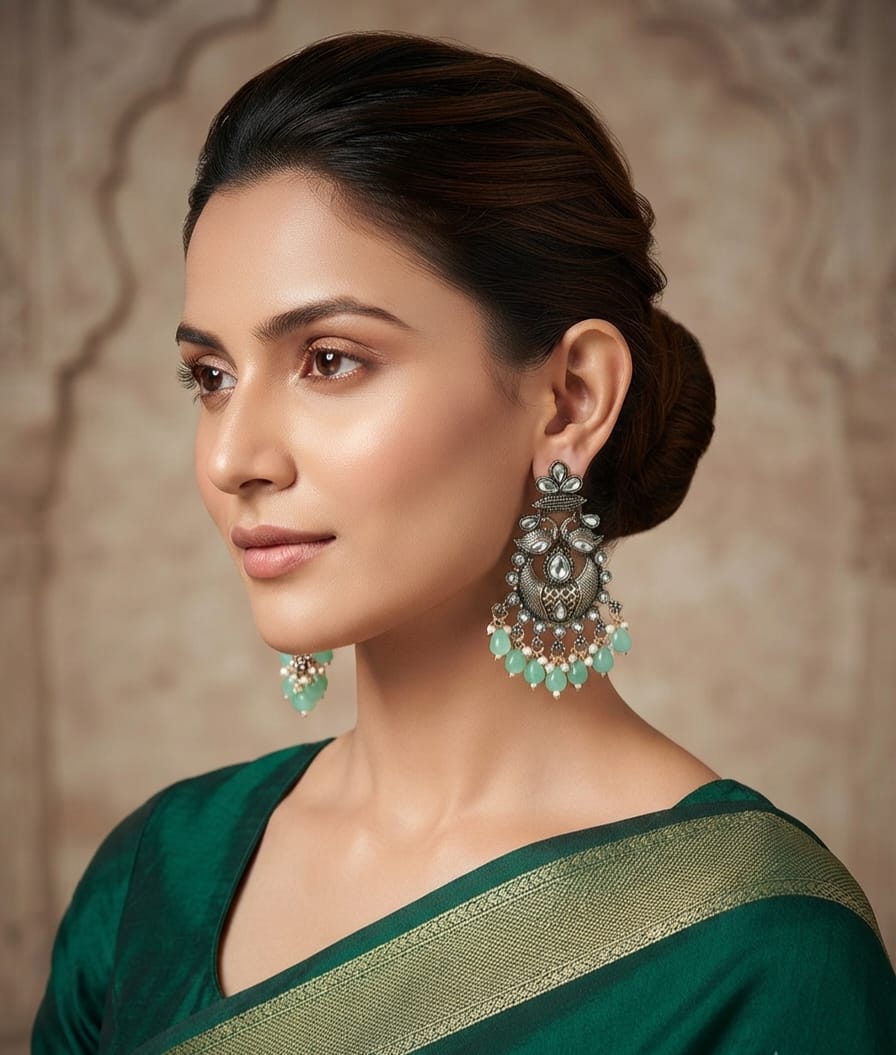 Copper Oxidise Peacock (Light Green) Chandbali