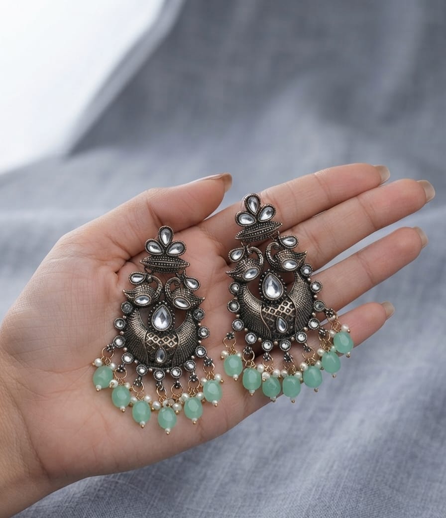 Copper Oxidise Peacock (Light Green) Chandbali