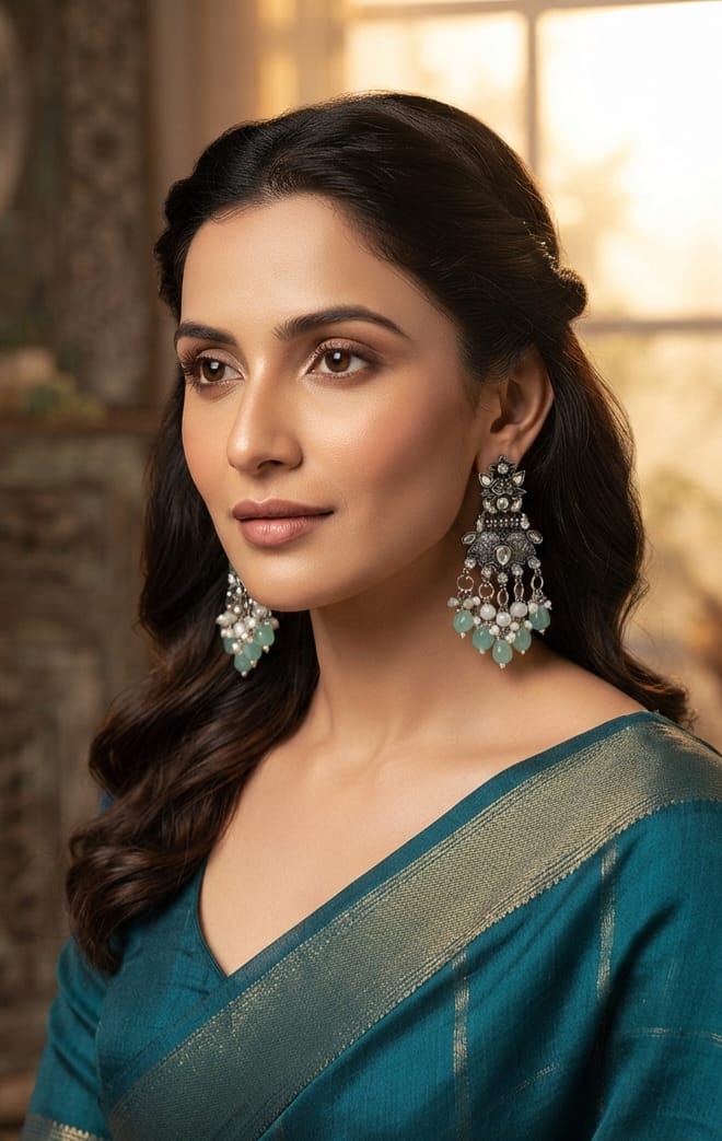 Oxidise Kundan Dangler (Turquoise Color)
