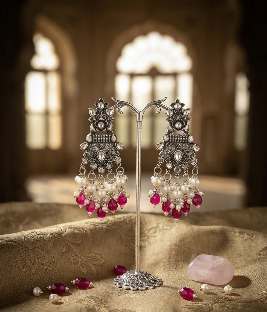 Oxidise Kundan Dangler (Pink Crystal)