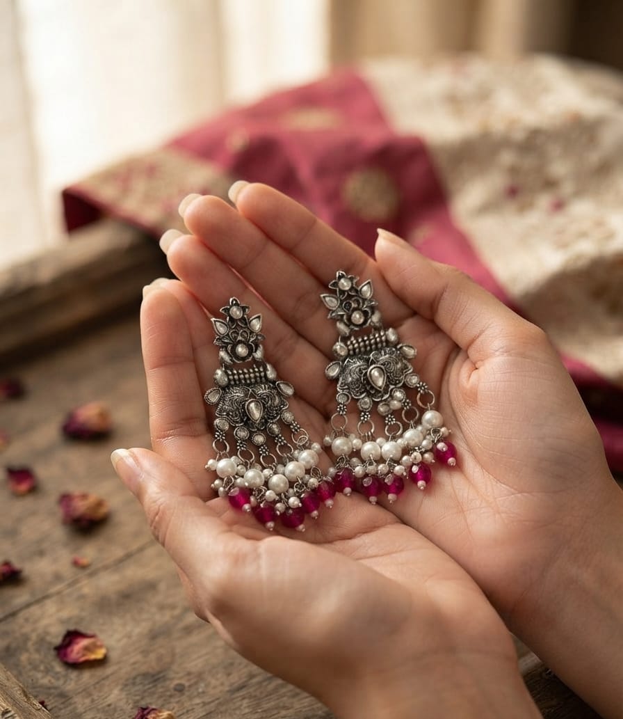 Oxidise Kundan Dangler (Pink Crystal)